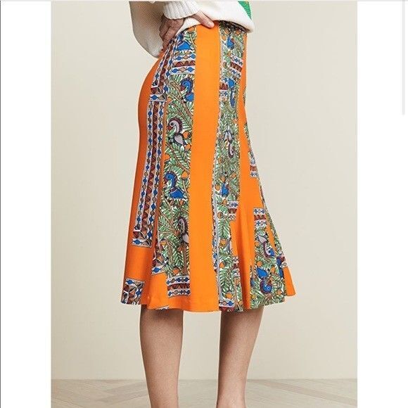 TORY BURCH Jada Skirt Orange Bird Jungle Gored Something Wild Stripe SIZE MEDIUM - Picture 3 of 13